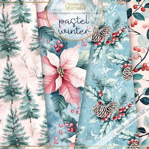 Pastel winter floral digital papers - 4 soft floral seamless patterns, christmas flowers background paper pack, watercolour background