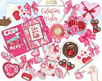 May include: A collection of 23 Valentine's Day themed digital clipart images, including a pink planner with the text "I love you a latte", a bouquet of pink and red roses, a chocolate-covered strawberry on a stick, a pink gift box with a red ribbon, and a pink envelope with hearts.