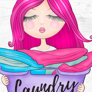 May include: A cartoon illustration of a girl with pink hair holding a purple laundry basket with the word "Laundry" written on it. The basket is filled with folded clothes in shades of blue and pink.