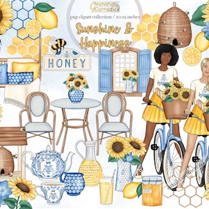 Sunshine and Happiness Clipart - 54 sunflower clip art - watercolor bee clipart - summer clipart- planner clipart - fashion clipart - png