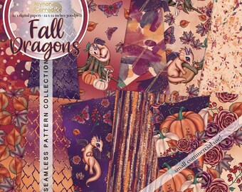 Watercolor autumn digital papers - 12 dragon seamless patterns, fall paper pack, abstract background, cute thanksgiving backdrop - 300dpi