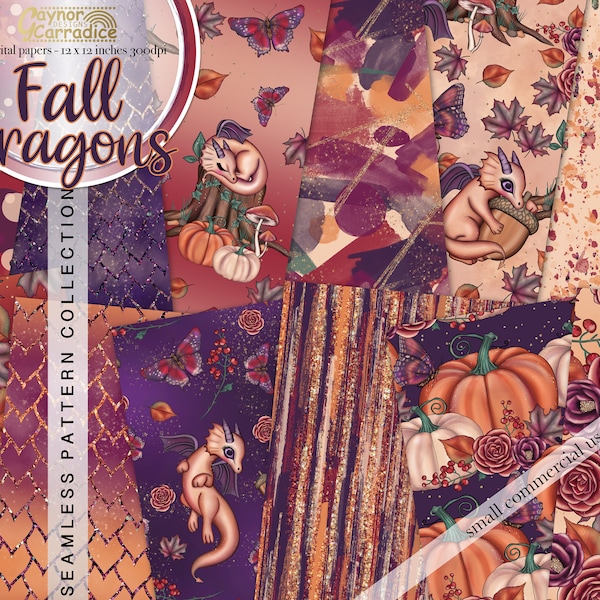 Watercolor autumn digital papers - 12 dragon seamless patterns, fall paper pack, abstract background, cute thanksgiving backdrop - 300dpi