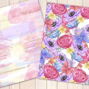 May include: Two digital paper designs. The first design features a watercolor background with pink, purple, and yellow brushstrokes. The second design features a white background with a repeating pattern of pink and purple flowers, blue butterflies, and green leaves.