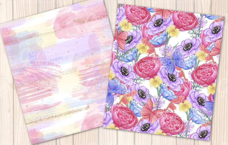 May include: Two digital paper designs. The first design features a watercolor background with pink, purple, and yellow brushstrokes. The second design features a white background with a repeating pattern of pink and purple flowers, blue butterflies, and green leaves.