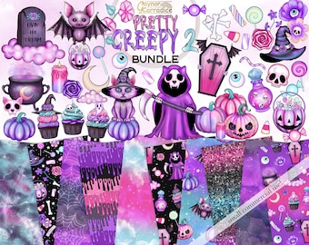 May include: A digital clipart bundle with a spooky, cute, and whimsical theme. The set includes images of a purple and black bat, a purple and pink coffin, a purple and pink Grim Reaper, a purple and pink cat, a purple and pink pumpkin, a purple and pink cupcake, a purple and pink cauldron, a purple and pink potion bottle, a purple and pink candy basket, and a purple and pink eye. The set also includes six digital paper patterns with a purple and pink color scheme.