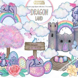 May include: A digital clipart set featuring a whimsical dragon theme. The set includes a castle, rainbow, clouds, a tree, flowers, eggs, and dragons. The text "Dragon Land" is featured in the image. The clipart is perfect for creating invitations, cards, and other crafts.