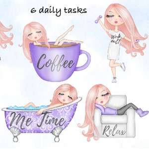 May include: Six illustrations of a cartoon girl with pink hair and purple clothing. Each illustration depicts a different daily task: cleaning, drinking coffee, working out, hydrating, taking a bath, and relaxing. The text in the images reads "Fresh & Clean", "Coffee", "Work out!", "Hydrate", "Me Time", and "Relax".