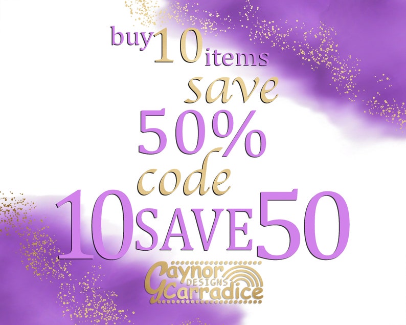 K&ouml;nnte beinhalten: Lila und goldene Grafik mit dem Text "buy 10 items save 50% code 10SAVE50" und dem Text "Paynor Designs Carradice" in einem Kreis.