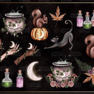 以下が含まれることがあります： ハロウィンをテーマにしたデジタルイラストのセット。釜、カボチャ、黒猫、リス、ほうき、月、魔法薬の瓶などがあります。水彩画のようなスタイルで、暗くて幻想的な雰囲気です。