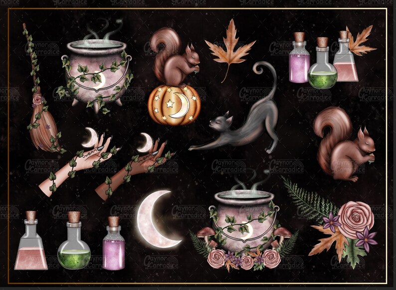 以下が含まれることがあります： ハロウィンをテーマにしたデジタルイラストのセット。釜、カボチャ、黒猫、リス、ほうき、月、魔法薬の瓶などがあります。水彩画のようなスタイルで、暗くて幻想的な雰囲気です。