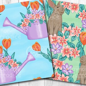 May include: Two seamless patterns featuring a spring theme. One pattern has a light blue background with purple watering cans filled with orange tulips and pink and purple flowers. The other pattern has a light green background with brown rabbits and pink, purple, and orange flowers.