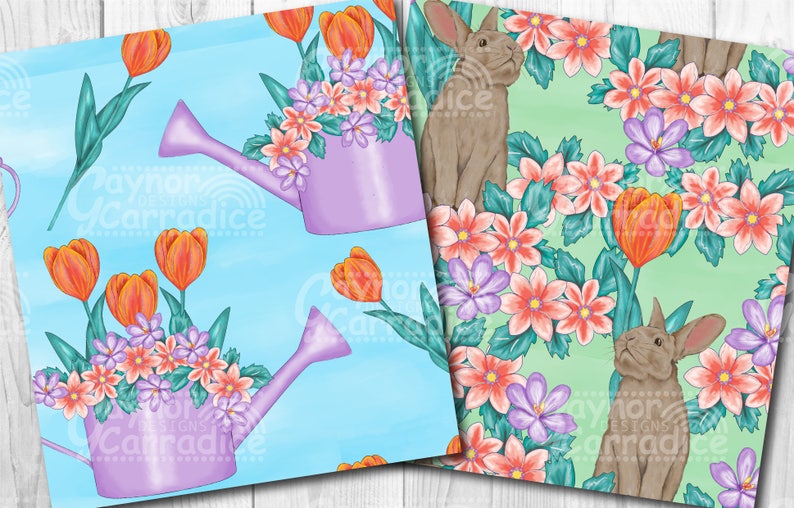 May include: Two seamless patterns featuring a spring theme. One pattern has a light blue background with purple watering cans filled with orange tulips and pink and purple flowers. The other pattern has a light green background with brown rabbits and pink, purple, and orange flowers.
