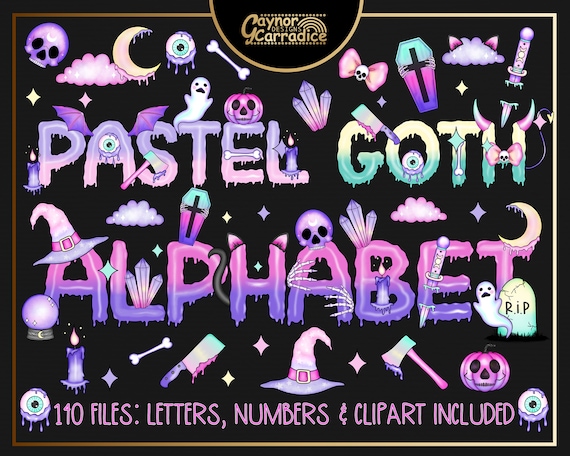 Pastel goth alphabet with numbers and clipart - 140 piece pastel goth clipart - spooky halloween sublimation alphabet, creepy cute png alpha