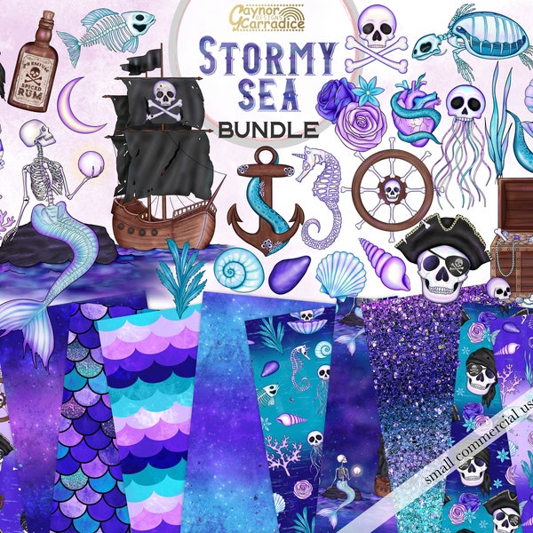 Stormy Sea clipart bundle - creepy mermaid digital paper / clipart bundle, pastel goth clipart, spooky pirate clipart, seamless patterns