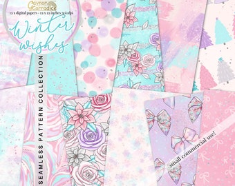 Girly Christmas digital papers - 12 pink winter seamless patterns, holiday paper pack, abstract background, pretty Christmas backdrop