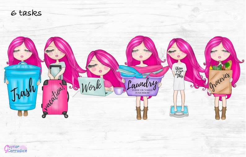 Pink hair doll clipart Cute girl clip art Planner icon stickers Daily task chores png graphics Trash Laundry Vacation Shopping Weight loss image 8
