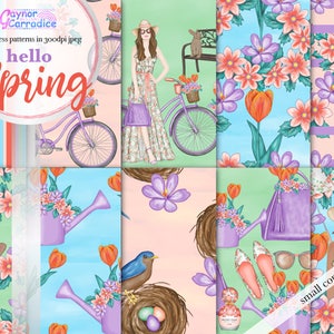 Papeles digitales de primavera Moda chica patrones sin costuras Fondo de Pascua Día de las madres Paquete de papel Bunny Bluebirds Bike tulipanes Paraguas Día soleado