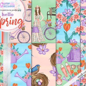 May include: A set of 10 digital seamless patterns featuring spring-themed illustrations. The patterns include flowers, birds, watering cans, bicycles, and a woman in a floral dress. The text "hello spring" is featured in the top left corner of the image.
