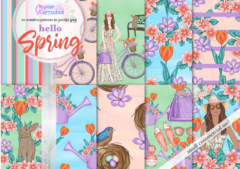 May include: A set of 10 digital seamless patterns featuring spring-themed illustrations. The patterns include flowers, birds, watering cans, bicycles, and a woman in a floral dress. The text "hello spring" is featured in the top left corner of the image.