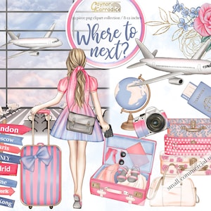 May include: A digital illustration of a woman in a pink dress standing in an airport with a suitcase and a sign that says "Where to next?" The sign is surrounded by pink flowers and a globe. The woman is holding a passport and a camera. The image also includes a pink and blue striped suitcase with a bow, a pink and white suitcase with polka dots, and a pink and white suitcase with a floral pattern. The text "small commercial use!" is written in the bottom right corner of the image.