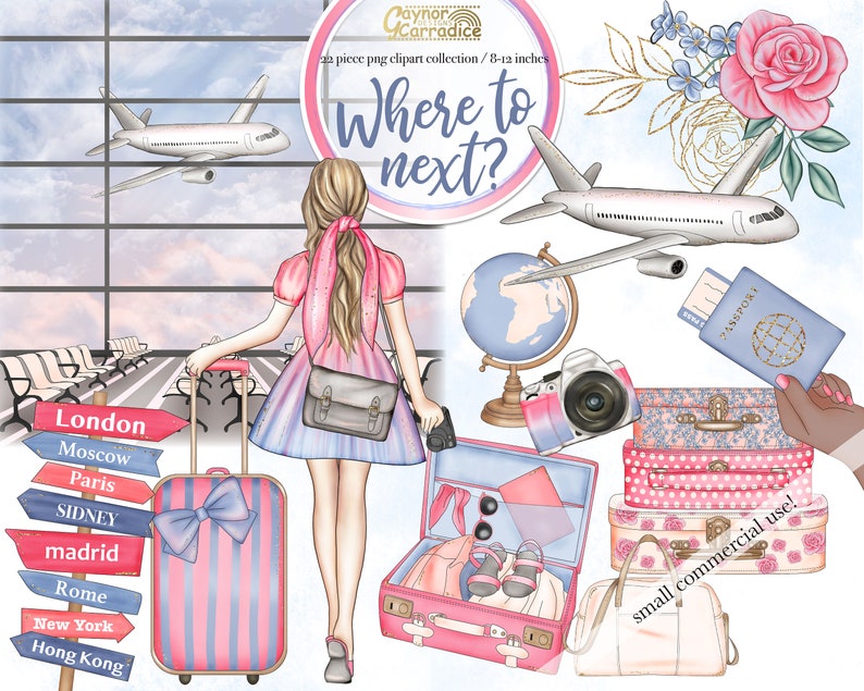 May include: A digital illustration of a woman in a pink dress standing in an airport with a suitcase and a sign that says "Where to next?" The sign is surrounded by pink flowers and a globe. The woman is holding a passport and a camera. The image also includes a pink and blue striped suitcase with a bow, a pink and white suitcase with polka dots, and a pink and white suitcase with a floral pattern. The text "small commercial use!" is written in the bottom right corner of the image.