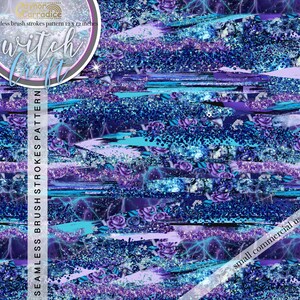 May include: A seamless digital paper pattern featuring a blue and purple glitter background with brush strokes, flowers, and lightning bolts. The text "witch craft" is visible in the top left corner. The text "SEAMLESS BRUSH STROKES PATTERN" is visible on the left side of the image. The text "small commercial use!" is visible in the bottom right corner.