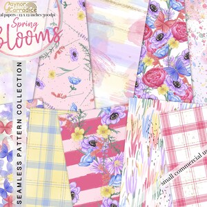 May include: A digital paper collection with 10 seamless patterns featuring spring blooms, butterflies, and abstract designs in pink, yellow, blue, and white. The text "Spring Blooms" is at the top of the image.