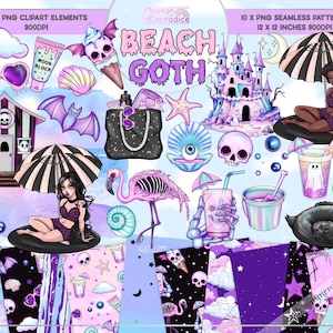 Pastel goth summer clipart bundle, creepy cute beach digital paper, spooky kawaii beach clipart, witchy beach png sublimation bundle, png