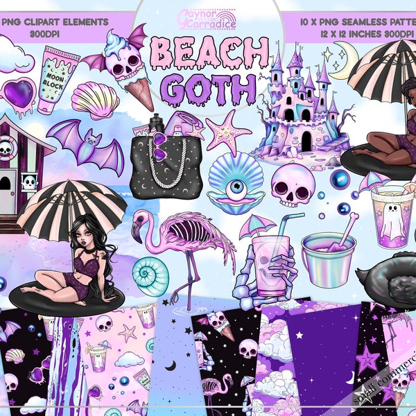 Pastel goth summer clipart bundle, creepy cute beach digital paper, spooky kawaii beach clipart, witchy beach png sublimation bundle, png