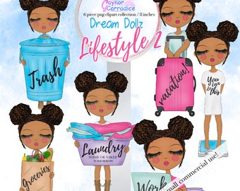Cute girl planner sticker clipart - african american pig tails graphics - printable icons, tasks - laundry, trash, vacation, groceries - png