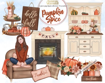 Cosy fall clipart - 17 piece autumn planner clip art - watercolor fashion illustration - rustic farmhouse artwork - 300dpi png