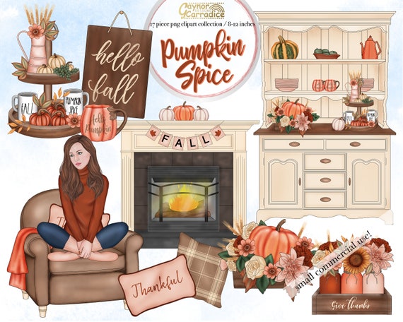 Cosy fall clipart - 17 piece autumn planner clip art - watercolor fashion illustration - rustic farmhouse artwork - 300dpi png