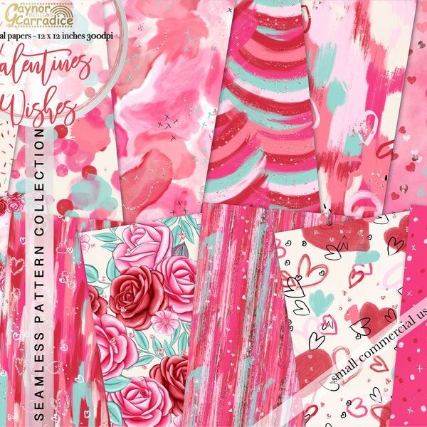 Valentines day digital papers - 12 watercolor valentine's seamless patterns, hearts paper pack, abstract background, girly backdrop - 300dpi