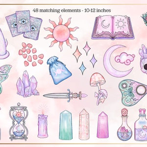 May include: A set of 48 watercolour illustrations featuring mystical and magical elements, including a cat, butterfly, crystals, a skull, a dagger, a book, a sun, a moon, a candle, a potion bottle, and more. The illustrations are in pastel colours and have a whimsical and ethereal feel.