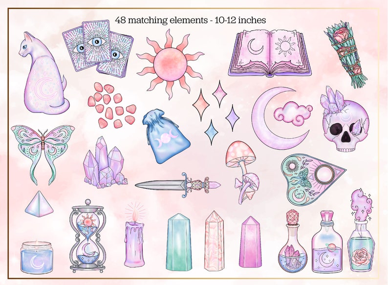 May include: A set of 48 watercolour illustrations featuring mystical and magical elements, including a cat, butterfly, crystals, a skull, a dagger, a book, a sun, a moon, a candle, a potion bottle, and more. The illustrations are in pastel colours and have a whimsical and ethereal feel.