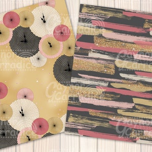 May include: Two digital paper patterns. The first pattern features a gold background with pink and black clock faces. The second pattern features a black background with pink, gold, and white brushstrokes.