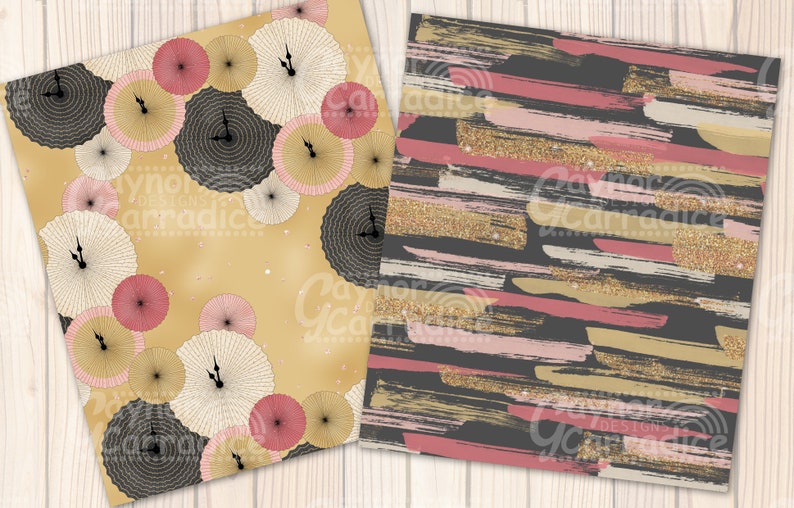 May include: Two digital paper patterns. The first pattern features a gold background with pink and black clock faces. The second pattern features a black background with pink, gold, and white brushstrokes.