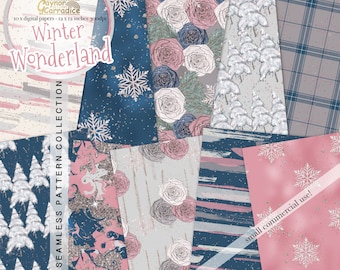 Watercolor winter digital papers - winter seamless patterns, Christmas backdrops, floral backgrounds, planner graphics, Christmas tree paper
