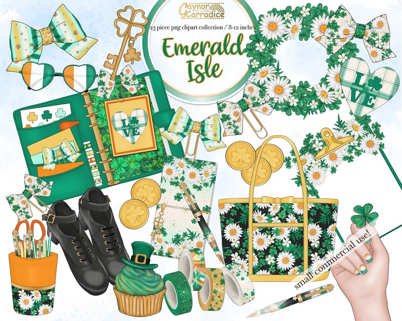 May include: A set of 23 digital clipart images featuring a green, white, and gold color scheme with shamrocks, daisies, and the words "Emerald Isle". The clipart includes a planner, a tote bag, a cupcake, a key, a pair of glasses, a wreath, and more.