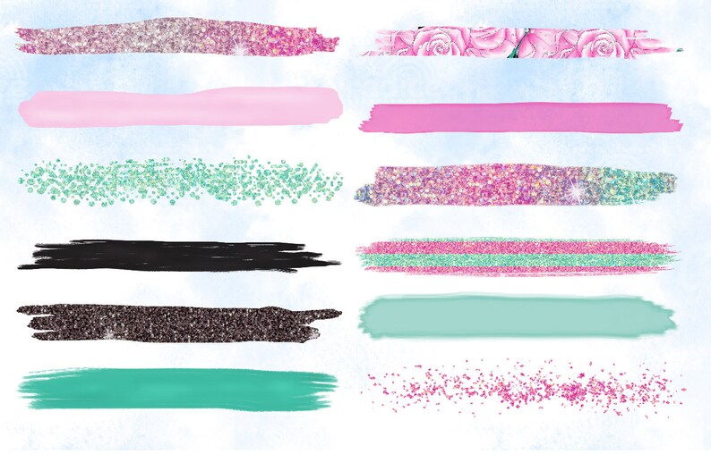 K&ouml;nnte beinhalten: Ein Satz digitaler Pinselstriche in verschiedenen Farben und Texturen, darunter rosa, gr&uuml;n, schwarz und Glitzer. Diese digitalen Pinsel sind perfekt, um Ihren digitalen Kunstprojekten einen Hauch von Verspieltheit und Glanz zu verleihen.