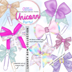 Unicorn bow clipart, Planner bows clip art Watercolor Pink gold Ribbon Birthday Planner stickers Glitter Lilac Blue png Commercial use