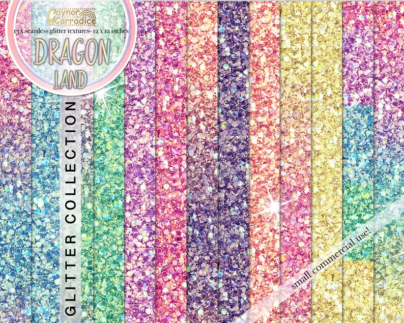 May include: A selection of 13 seamless glitter textures, each 30.48 cm x 30.48 cm, in a range of colours. The image displays a spectrum of glitter patterns, including blue, green, purple, pink, and gold. The text reads "DRAGON LAND" and "GLITTER COLLECTION".