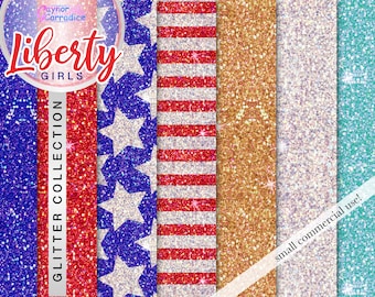 4th July Glitter digital paper Glitter seamless patterns Sequin background Glam planner stickers Red white blue Liberty Girl palette Fashion