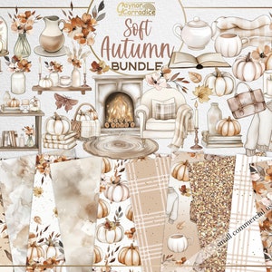 Boho Autumn clipart bundle - pastel fall digital paper / fall clipart bundle, thanksgiving clipart, soft autumn  clipart, seamless pattern