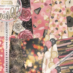 May include: A digital paper pack with 10 seamless patterns featuring a variety of designs including gold glitter, pink and black polka dots, fireworks, champagne glasses, and roses. The text "Your year to sparkle" is featured on the front of the pack.