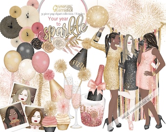New year clipart - 31 piece NYE fashion girl graphics - New years eve planner sticker art - commercial use - hand painted illustrations -png