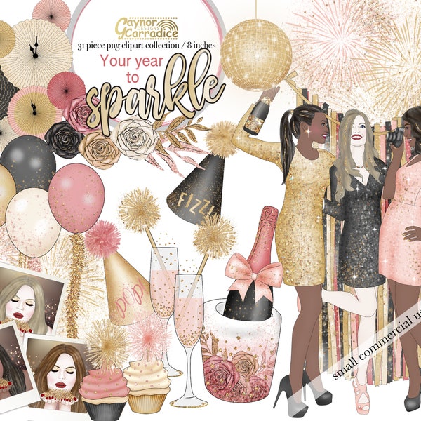 New year clipart - 31 piece NYE fashion girl graphics - New years eve planner sticker art - commercial use - hand painted illustrations -png
