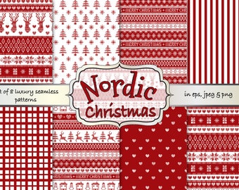 Nordic Christmas digital papers, Christmas Fair isle digital papers, Scandinavian patterns, Christmas jumper pattern, reindeer digital paper