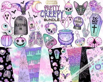 Pretty Creepy clipart bundle - Cute halloween digital paper / clipart bundle, pastel goth clipart, spooky clipart, spooky seamless patterns