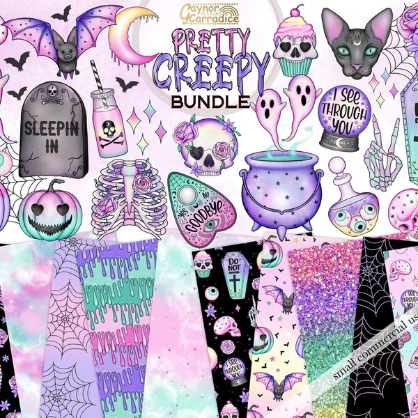 Pretty Creepy clipart bundle - Cute halloween digital paper / clipart bundle, pastel goth clipart, spooky clipart, spooky seamless patterns